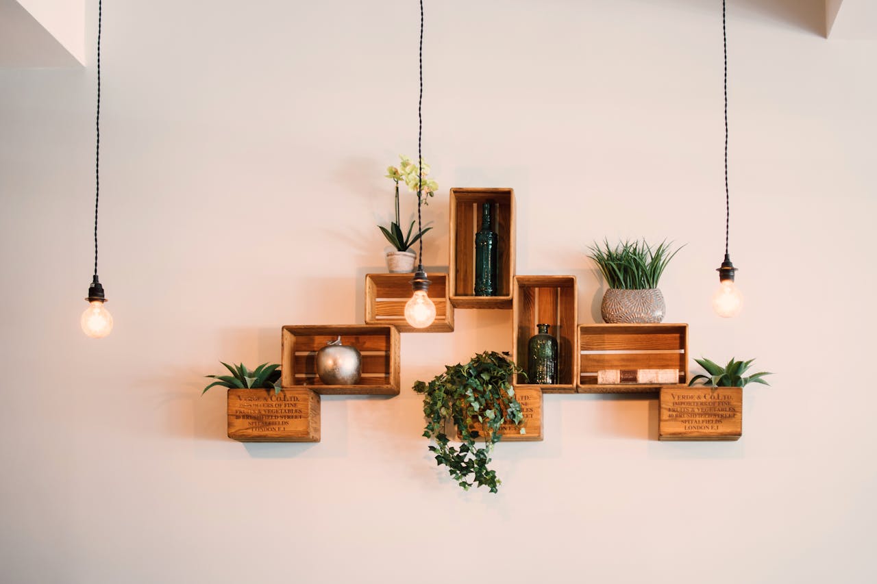 portfolio-03 Contemporary wooden shelves with plants and decor, illuminated by hanging lights.